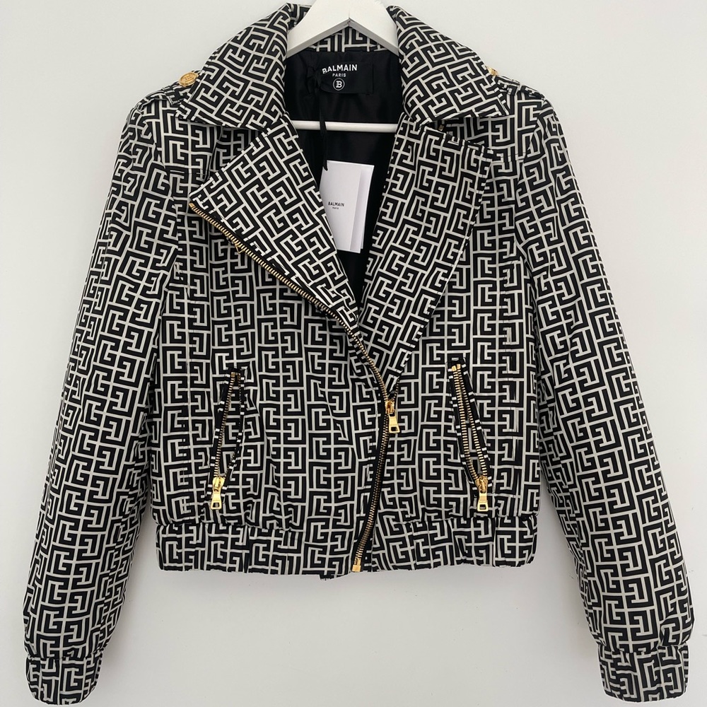 Balmain x Rossignol Ski printed padded shell biker jacket with pants.